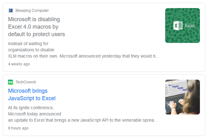 Two news articles released one month apart, the first “Microsoft is disabling Excel 4.0 macros”, the second “Microsoft bring JavaScript to Excel” (source: @sshell_)