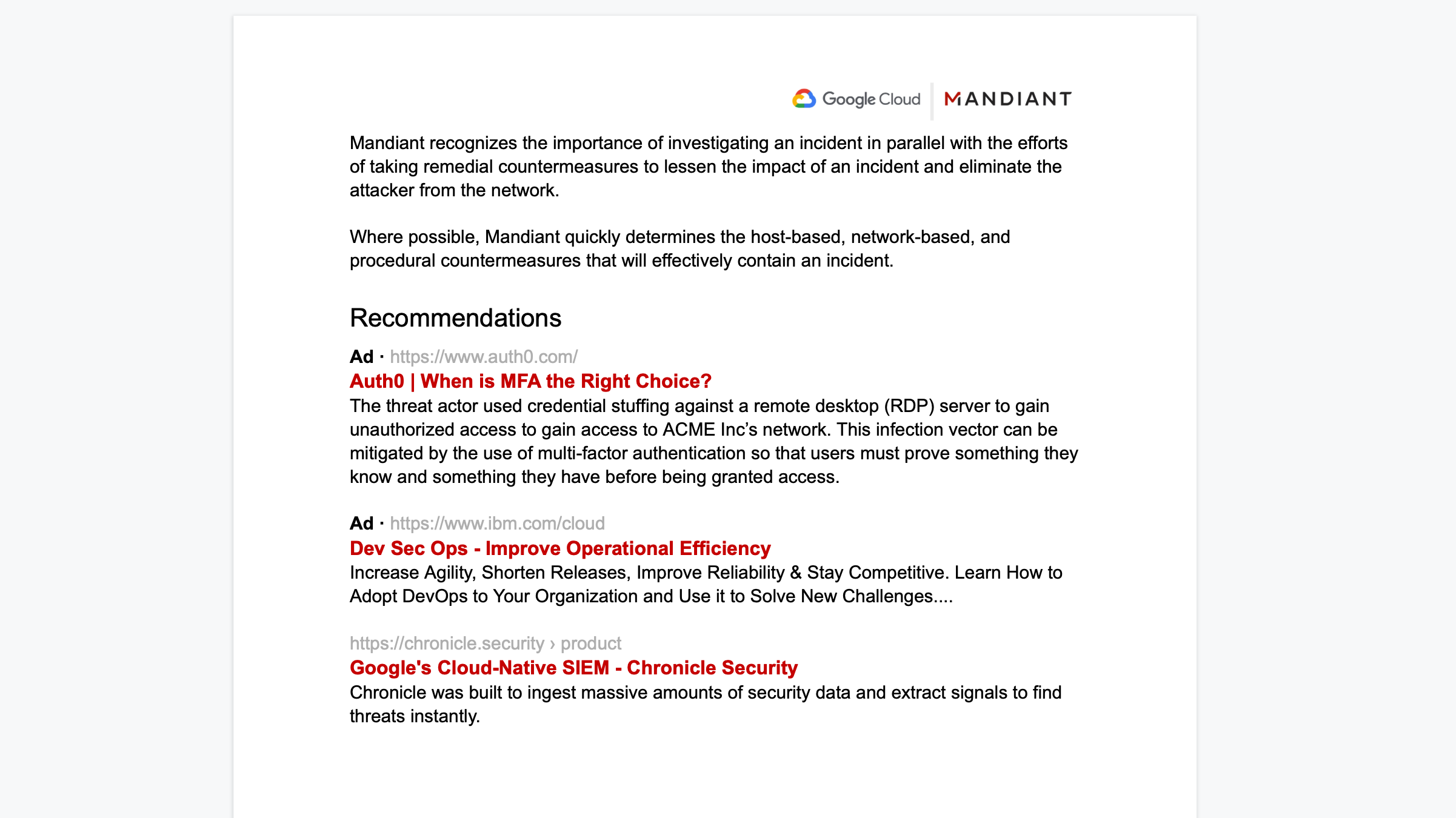 A mock-up of a Mandiant incident response report containing Google Search style promoted links as findings and recommendations (source: @RTO)