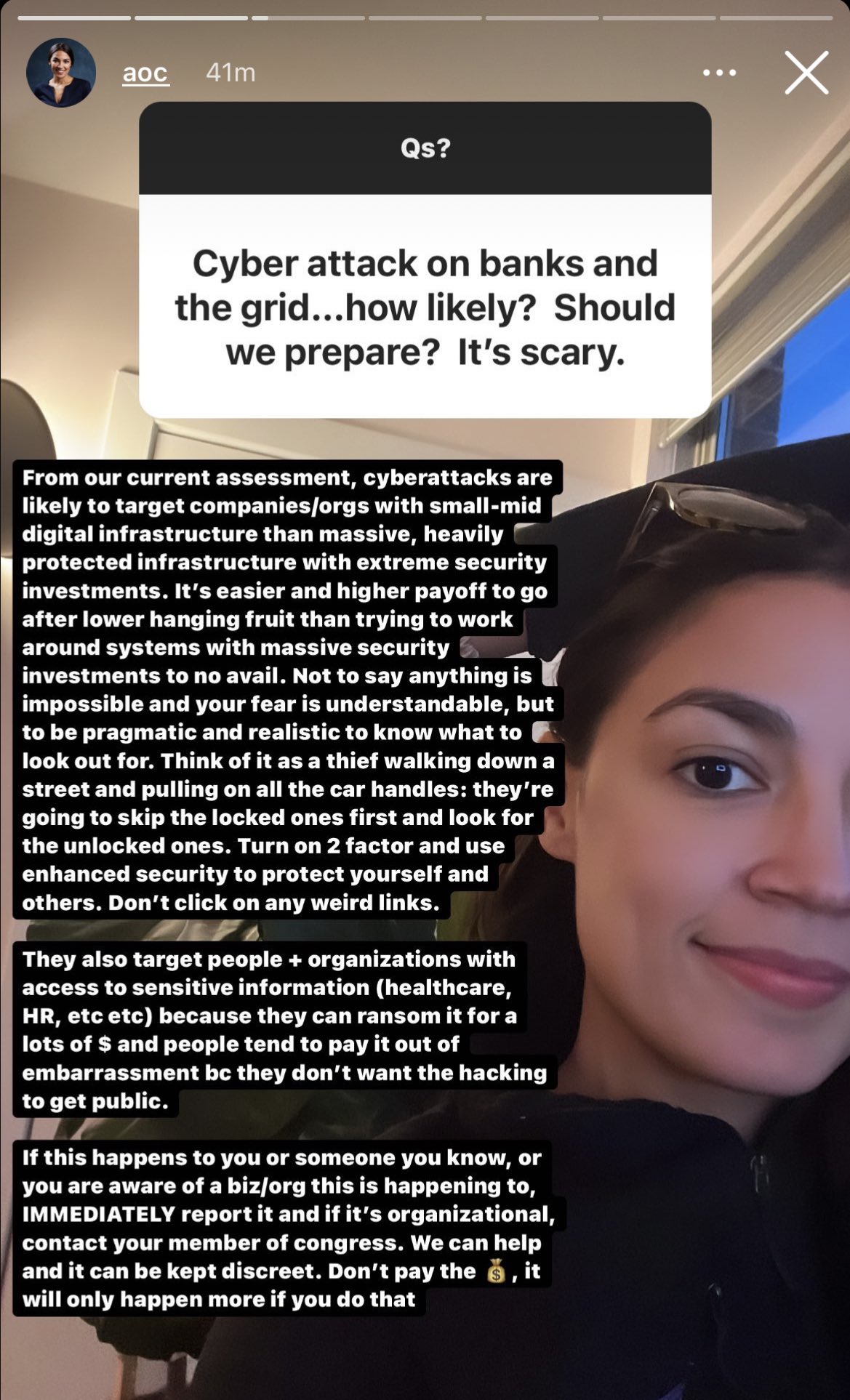 A screenshot of AOC’s social media response to a question about cyber attacks. The answer is comprehensive, nuanced and includes analogies to aid understanding of the assessment, likely targets and steps a user should take in response (source: @SwiftOnSecurity)