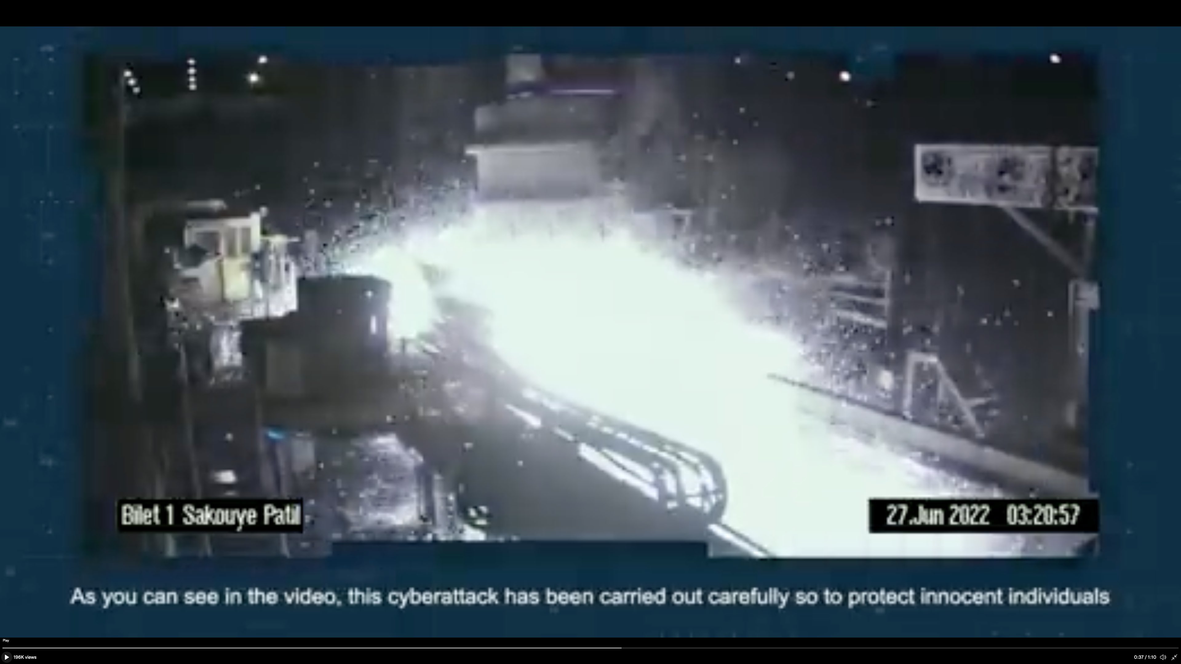 Sparks fly and engulf large industrial machinery in a freeze-frame from the video showing the alleged cyber-attack against one of the Iranian steel mills