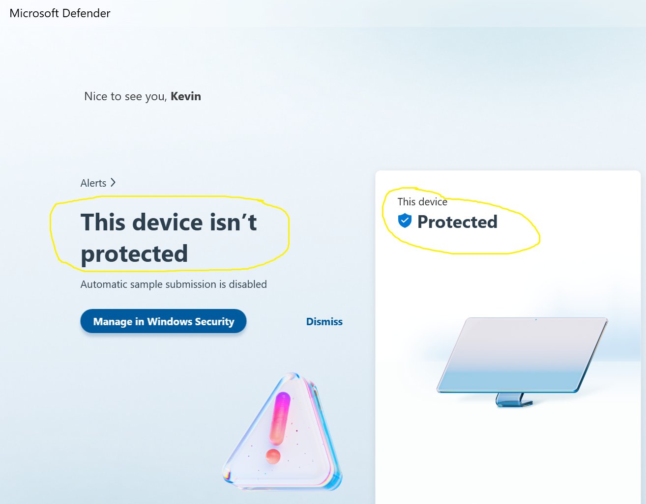 A screenshot showing the new Microsoft Defender simultaneously telling the user their device is, and isn’t, protected (source: @GossiTheDog)