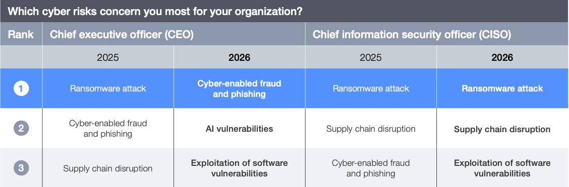 Ranking of CEOs’ and CISOs’ cyber risk concerns for their organisations (source: WEF)