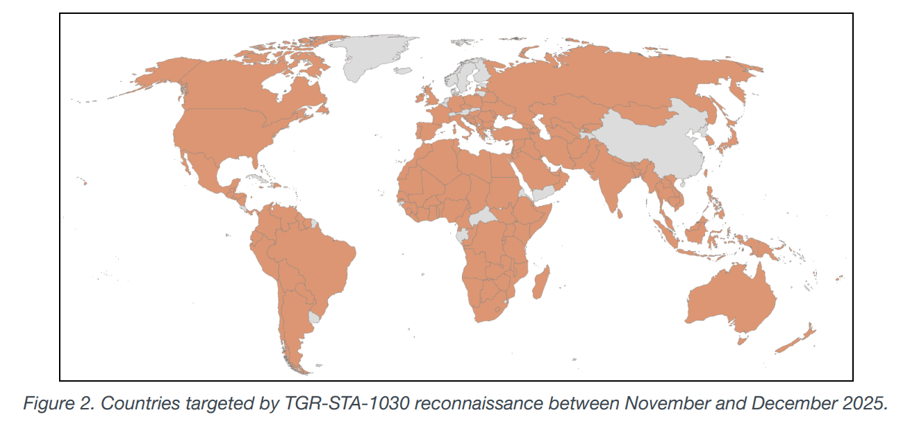 Countries targeted by ‘TGR-STA-1030’ reconnaissance (Source: Palo Alto)